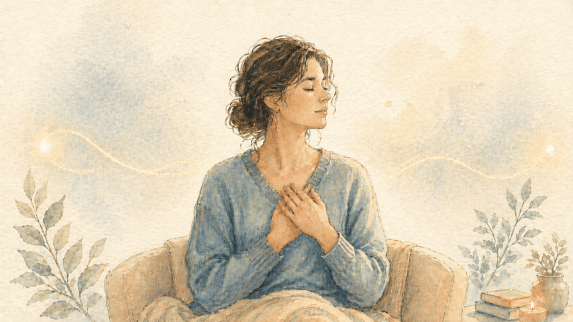 Travma terapisi ve EMDR sürecini temsil eden, ellerini göğsünde birleştirmiş sakin bir kadın illüstrasyonu